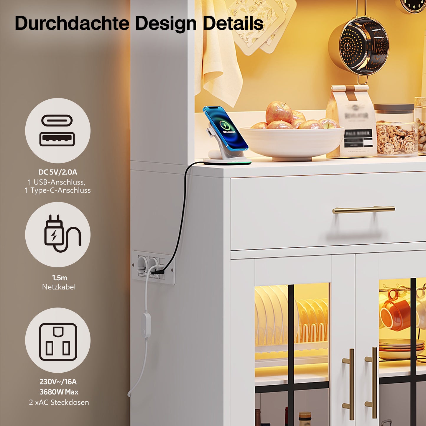 Kitchen Sideboard With LED Strip And Socket, Equipped With 6 Doors And 2 Drawers, Adjustable Shelves For Flexible Storage, Country Style Design, Golden Metal Handles, White, 180 X 100