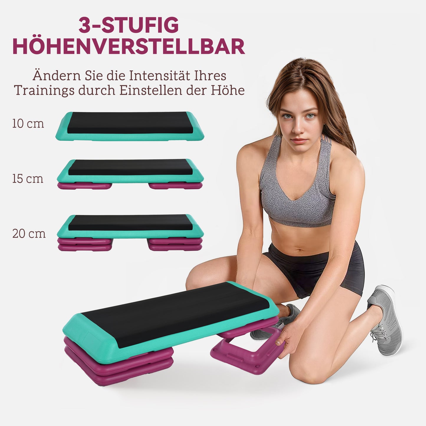 Steppbrett Höhenverstellbar Fitness Stepper 3 Stufen (10/15/20 Cm) Rutschfest Stepbench Für Zuhause Fitnessstudio Büro Kunststoff Schwarz+Grün+Violett
