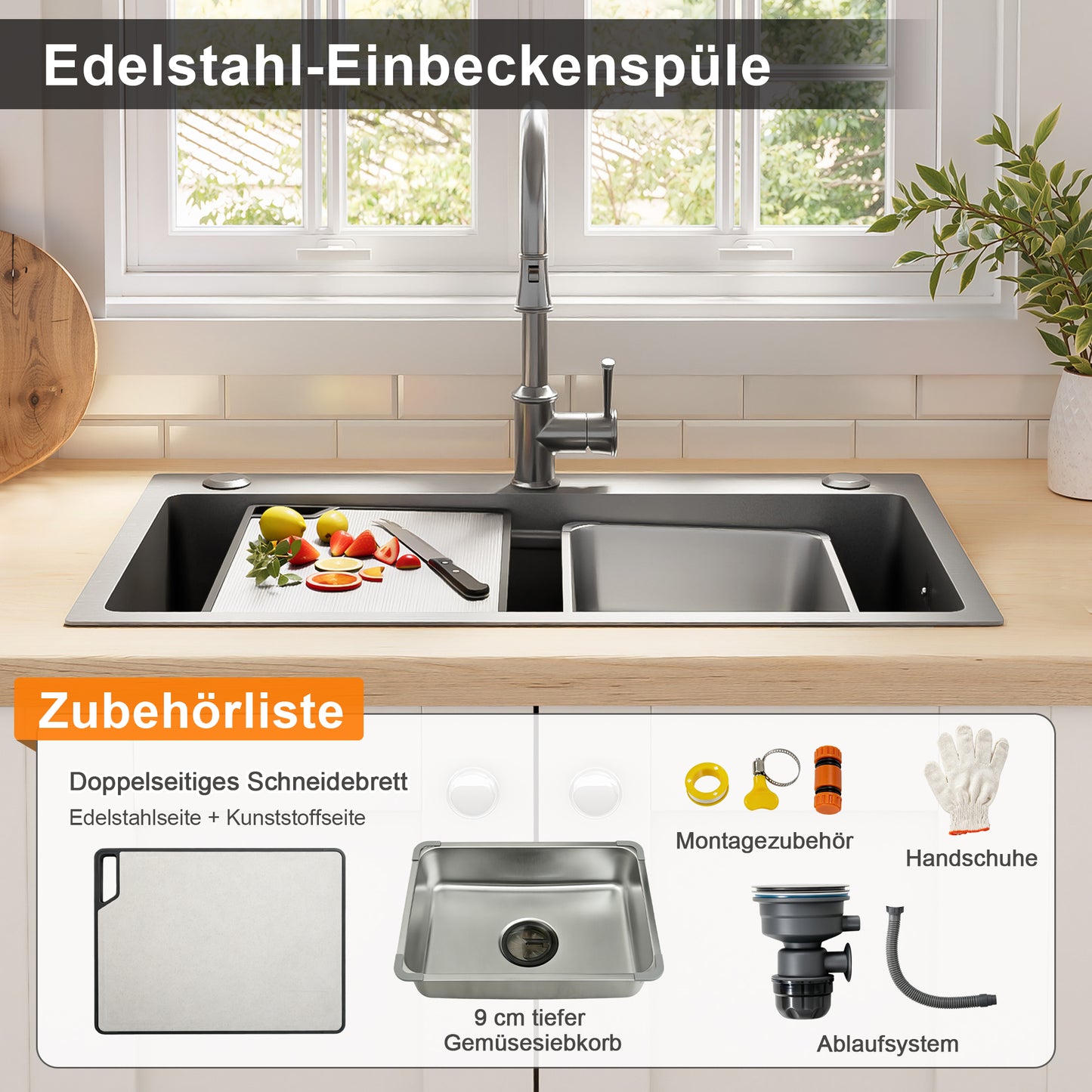 75x45cm Stainless Steel Inset Sink With Cutting Board,Additional Inner Basin And Strainer Basket,PVD Coated Kitchen Sink,Waterfall Drain,Low Noise Construction And 3 Faucet Holes