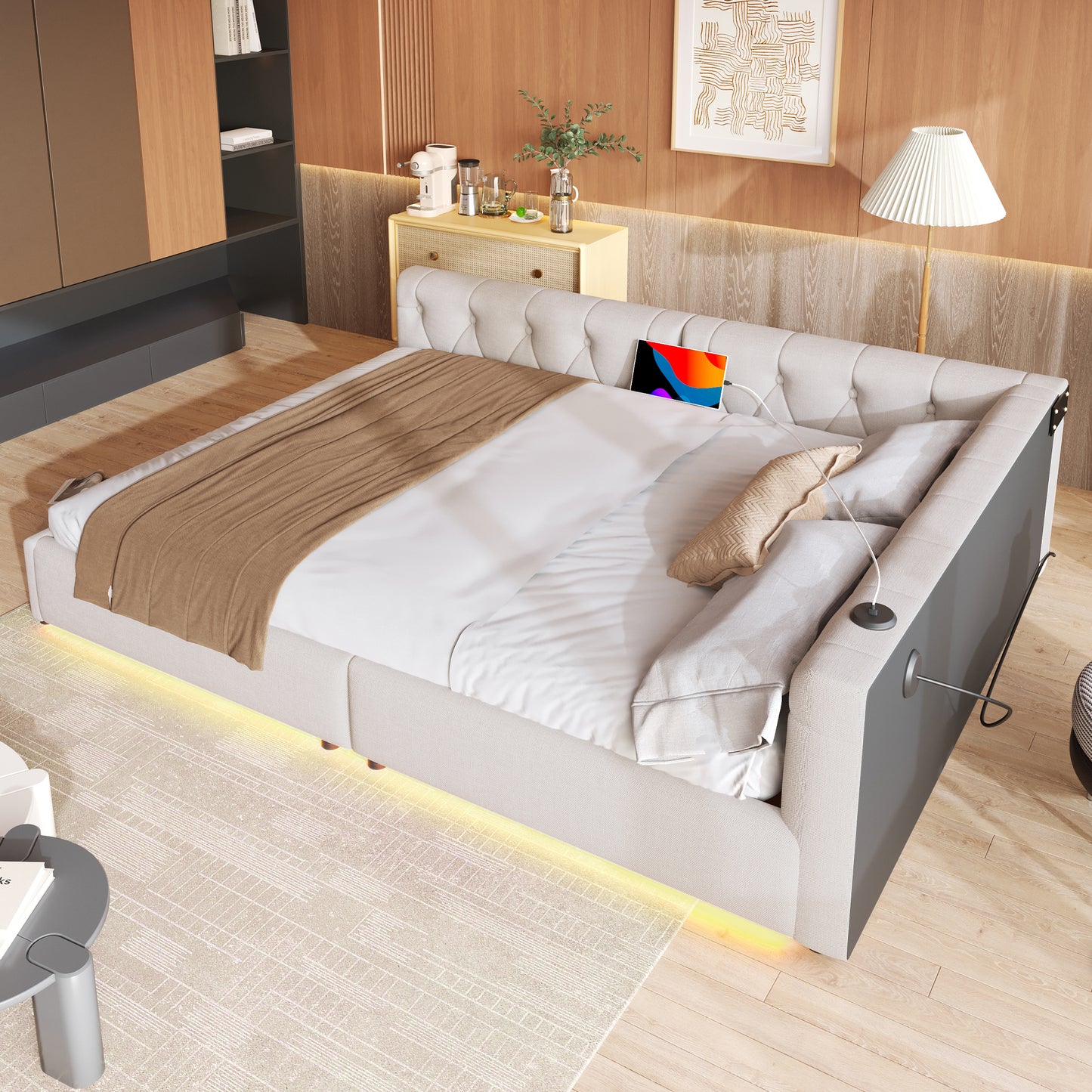 WX001034AAA Sofa Bed, Daybed, Daybed, 140x200cm, Sofa Bed With Slatted Base Without Mattress , Ambient Lighting With Remote Control, Headboard With Button Tuft, Usb Type-c, Linen, Beige