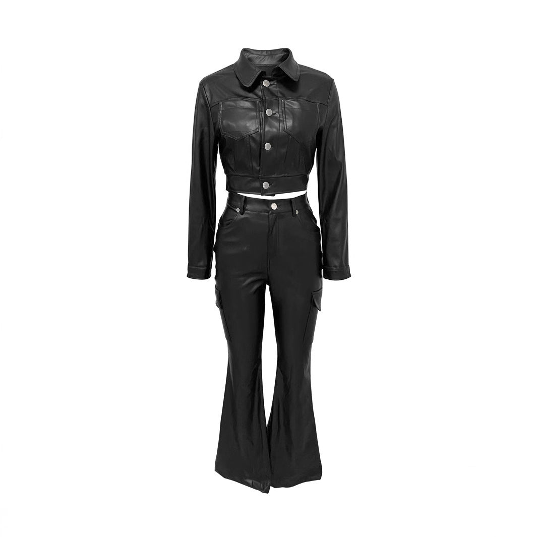 Suit-style Leather Jacket Best-selling Cardigan And Athletic Trousers Set