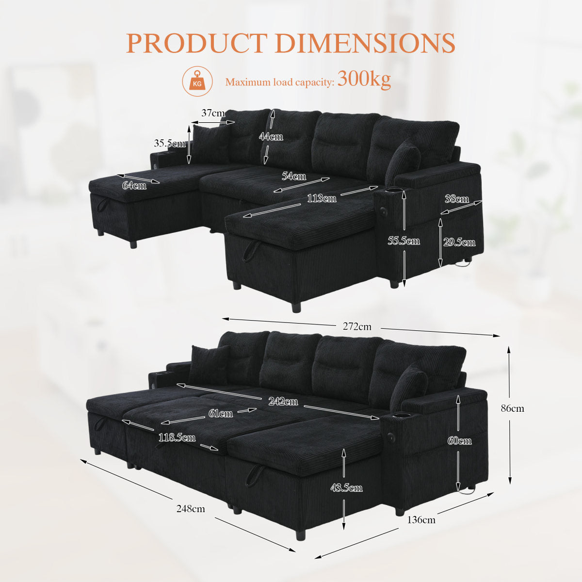 Contemporary 4-seater Corduroy Sofa With Dual Chaise Lounges, Hidden Storage, Built-in Cup Holders, USB Ports And Handy Pull-out Bed The Perfect Centrepiece For Your Lounge. Black