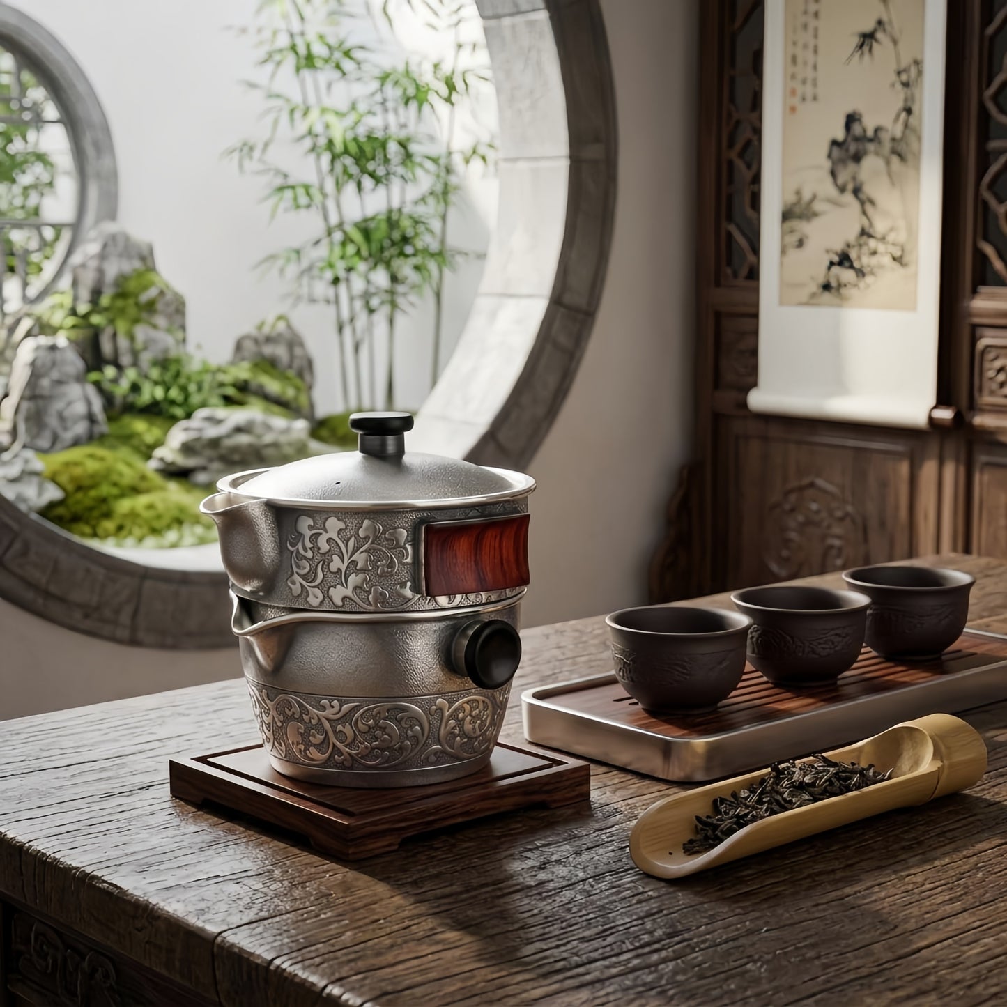 925 Sterling Silver Handcrafted Ornate Silver Tea Infuser Set with Intricate Floral Engravings and Red Wood Inlay - Handicraft