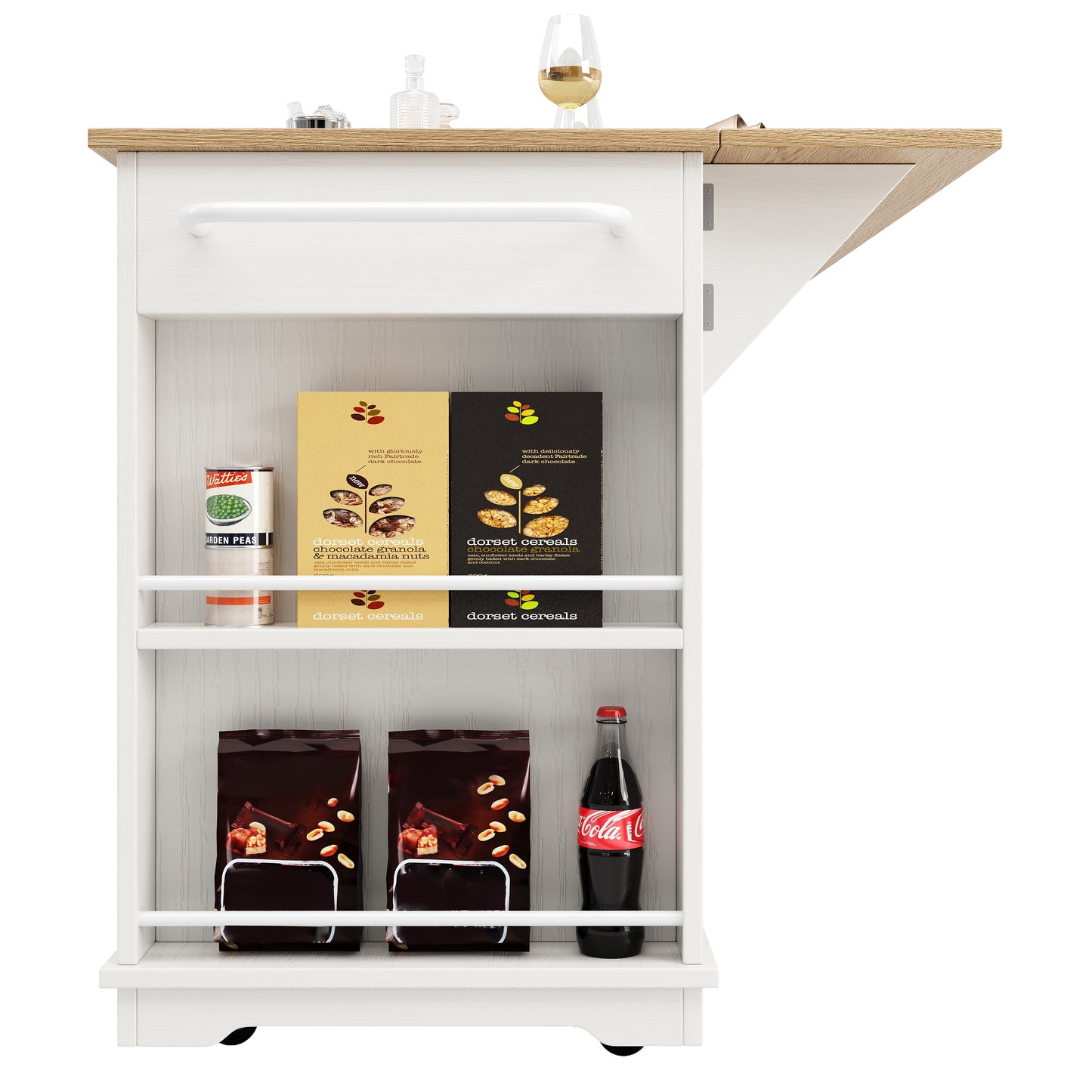 Kitchen Island, 151.5x60x91.7cm Removable Partitions, Kitchen Cabinet, Dining Trolley With Worktop, Sideboard, Dining Trolley With Wood Grain Finish, Sideboard, Tempered Glass Cabinet, White Black