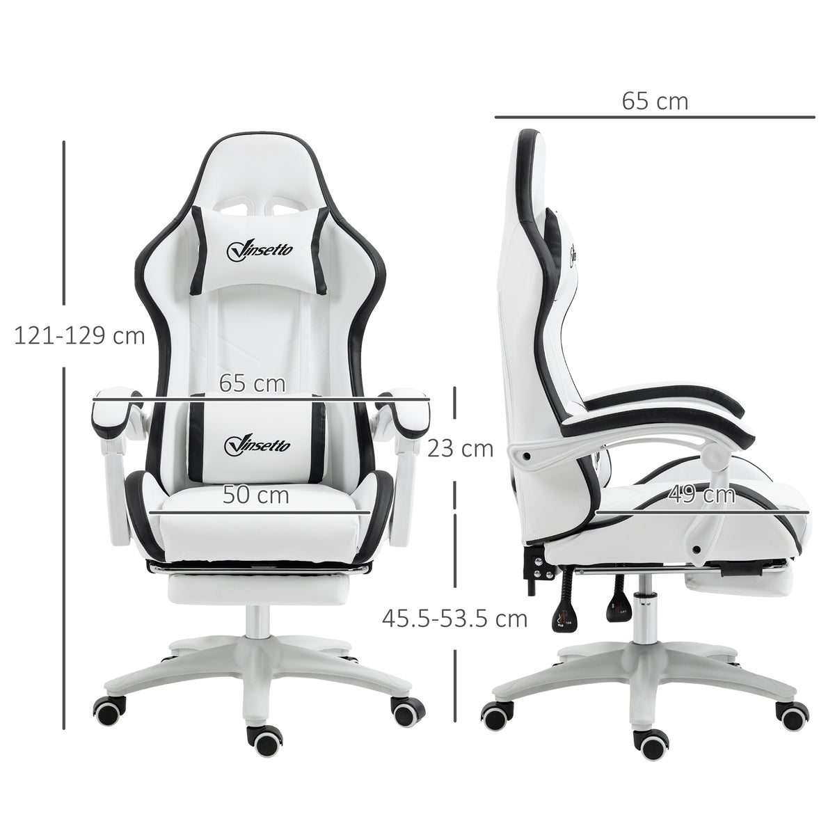 Vinsetto Computer Gaming Chair, PU Leather Office Desk Chair With Footrest, Swivel Wheels, 135° Reclining Back, Lumbar Support, Headrest For Home, White And Black