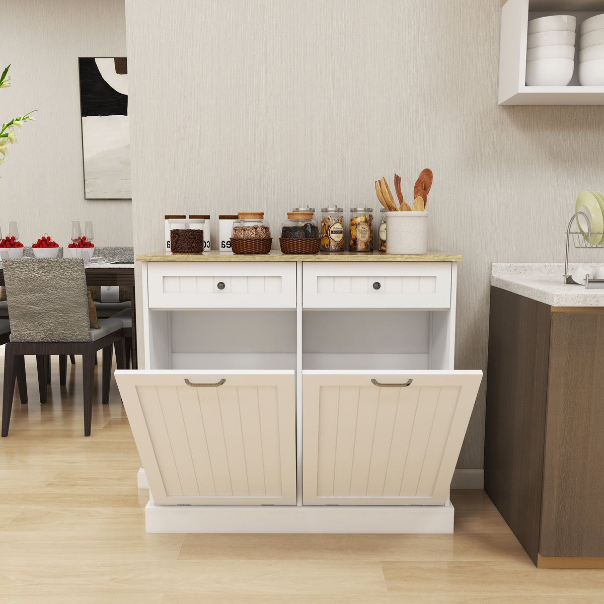 Two Drawers And Two-Compartment Tilt-Out Trash Cabinet Kitchen Trash Cabinet-White