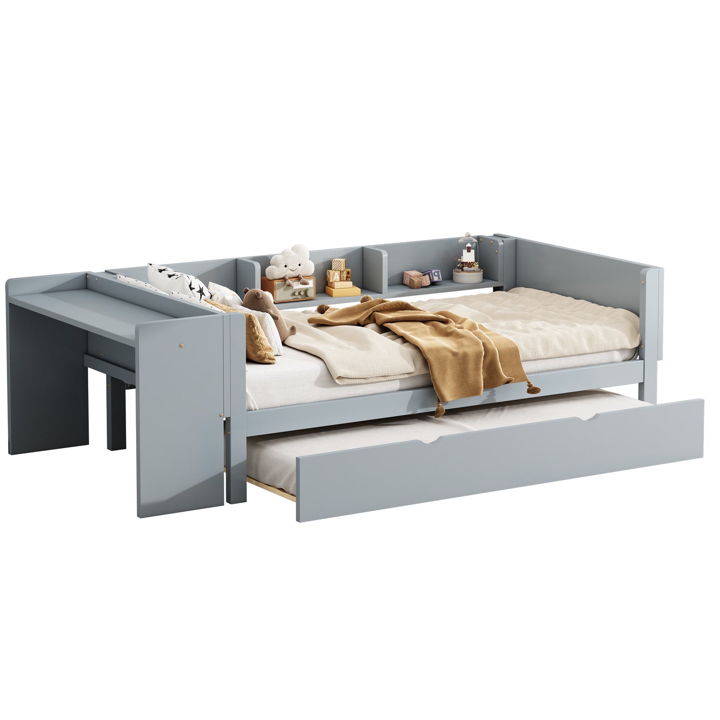 90x200cm, Flat Bed, With Pull-out Bed, With Desk, Three Shelves On The Side Of The Bed, Grey