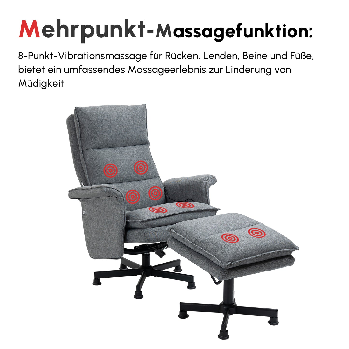 Massage-Bürostuhl Mit Fußhocker, 8 Vibrationsköpfe, 1 Fernbedienung, 1 Seitentasche, Grau