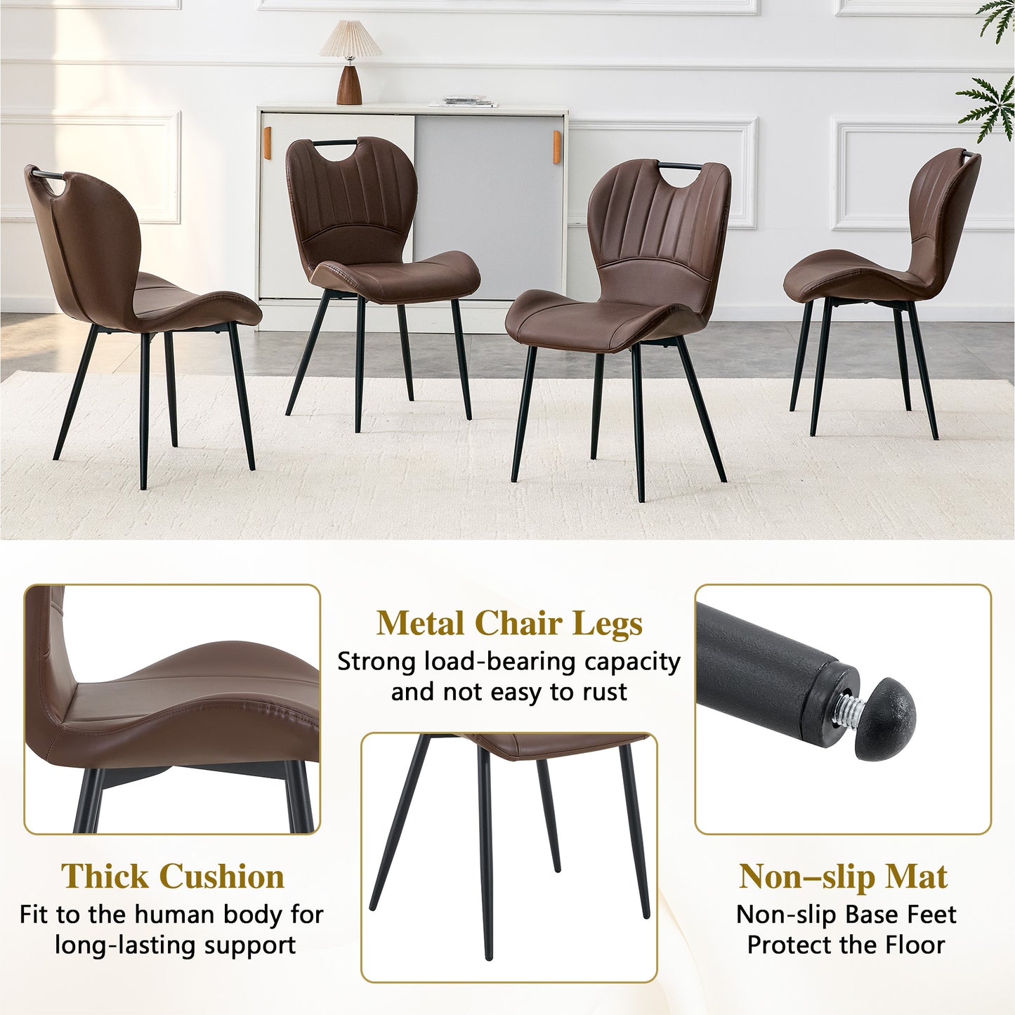 Set Of 4 Brown PU Dining Chairs With Integrated Handle. Black Metal Frame, Adjustable Leveling Feet. Home Dining Chairs With Extra-Wide Comfortable Cushion, Versatile For Multiple Scenarios.