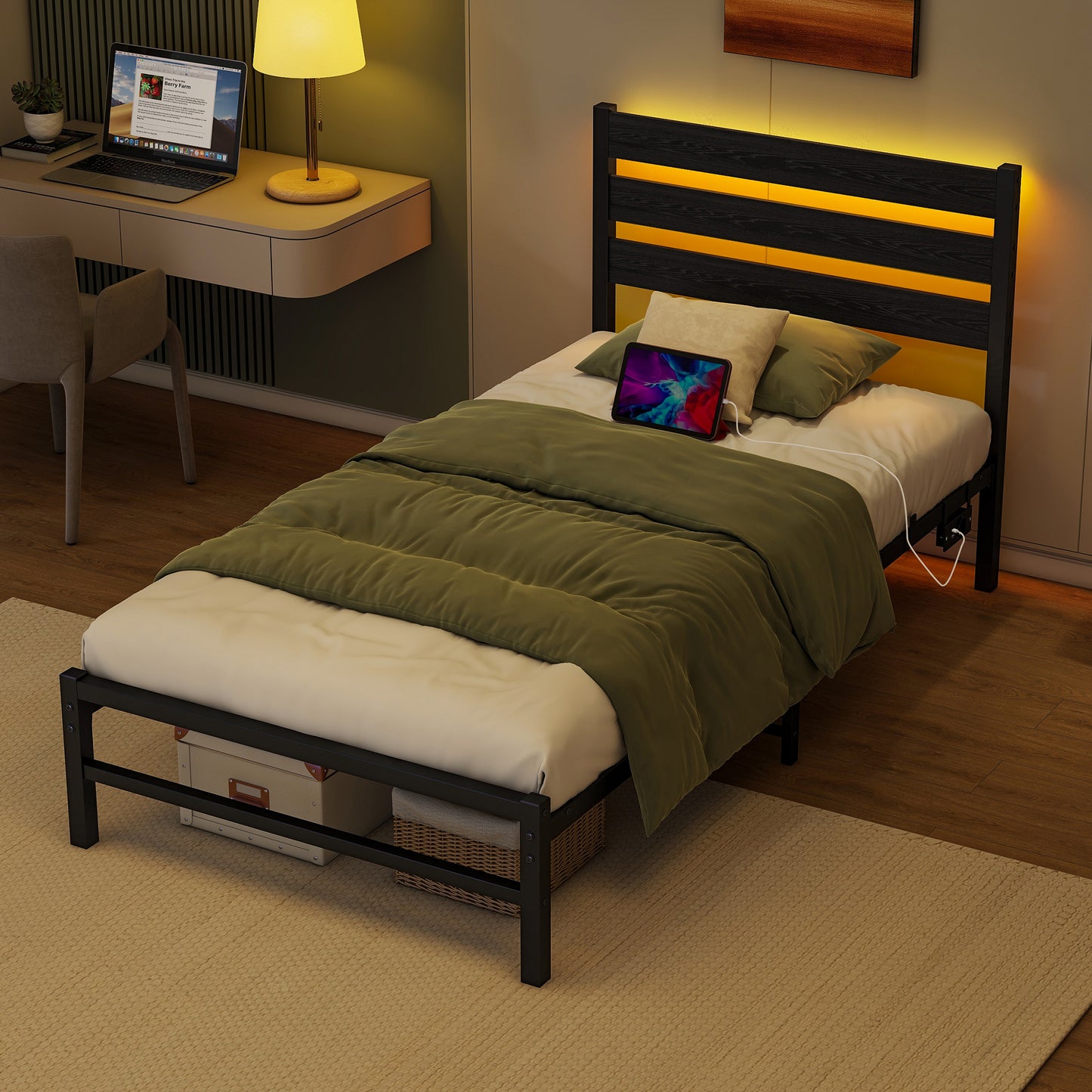 90x200cm Bed Frame With Headstock, Metal Bed Frame With USB Charging Station, LED Bed Frame, Strong Steel Layer Support, Under Bed Storage, No Box Spring Required, Noise-Free, Easy Assembly