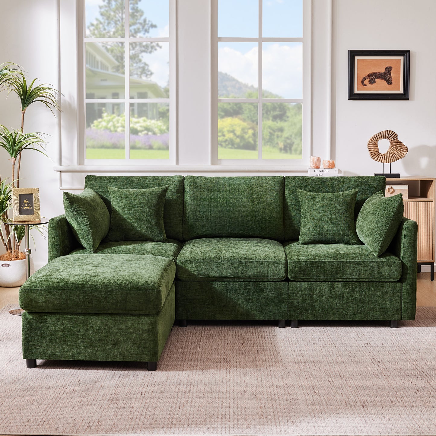 L-shaped Corner Sofa, Convertible To 3-seater, Modular Design, With Movable Footstool And 4 Chenille Cushions, Ideal For Living Room, Apartment And Office, Green, With Video