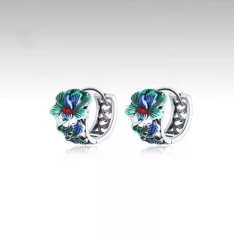 Cloisonne Peony Click Hoop Earrings Unisex, Fashion High-End Ethnic Style Ear Clips, Minimalist Cold Tone Studs For Men Women