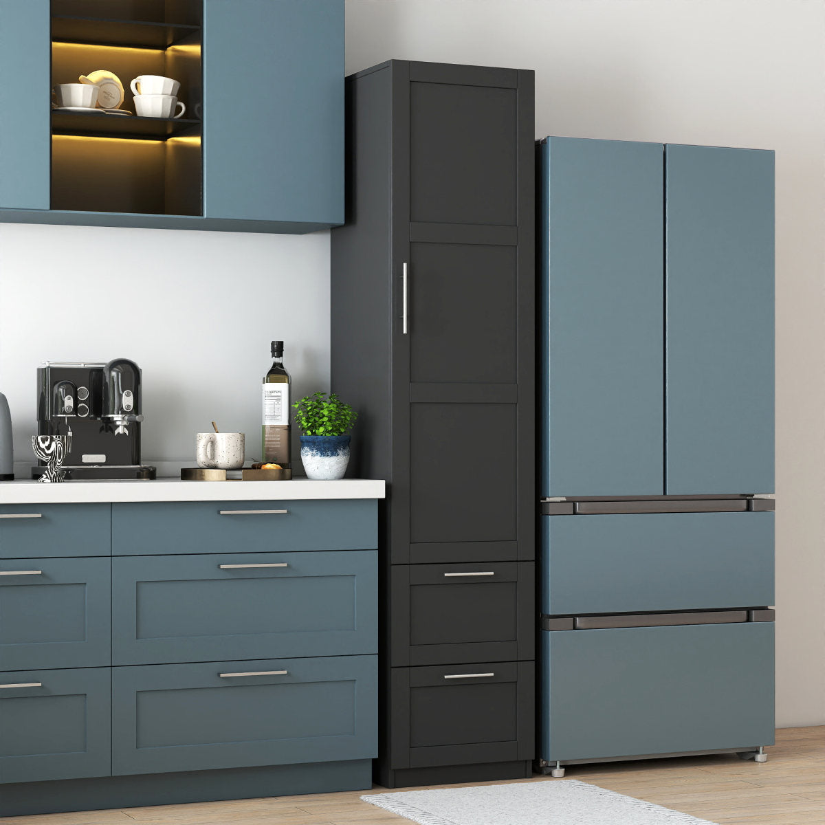 Standard kitchen Pantry,Tall Cabinet,Freestanding Cabinet with one door and two drawers for Kitchen, Dining Room, BLACK