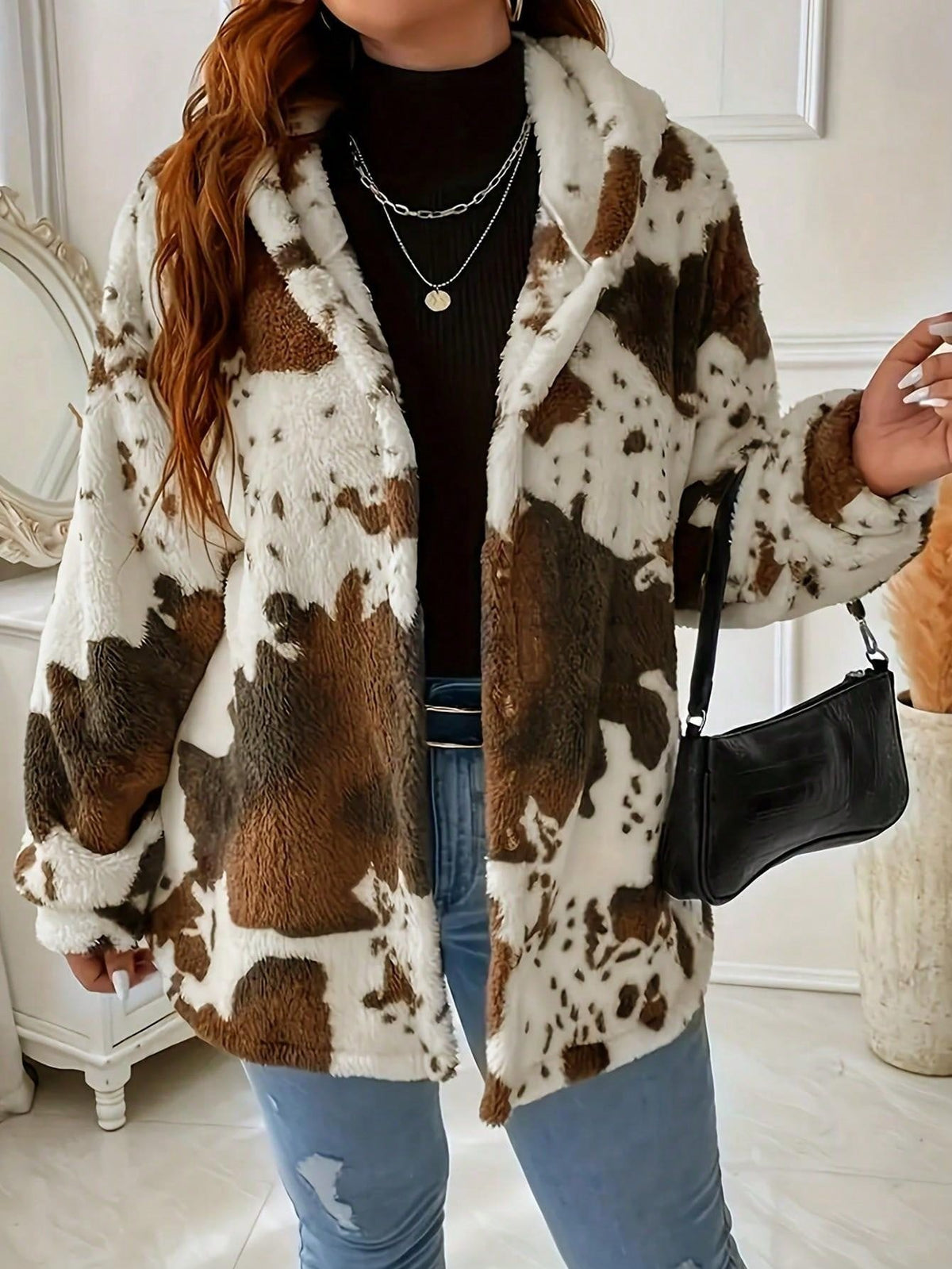 Women's Cow Print Button Plush Coat, New European & American Casual Fashion Hoodie