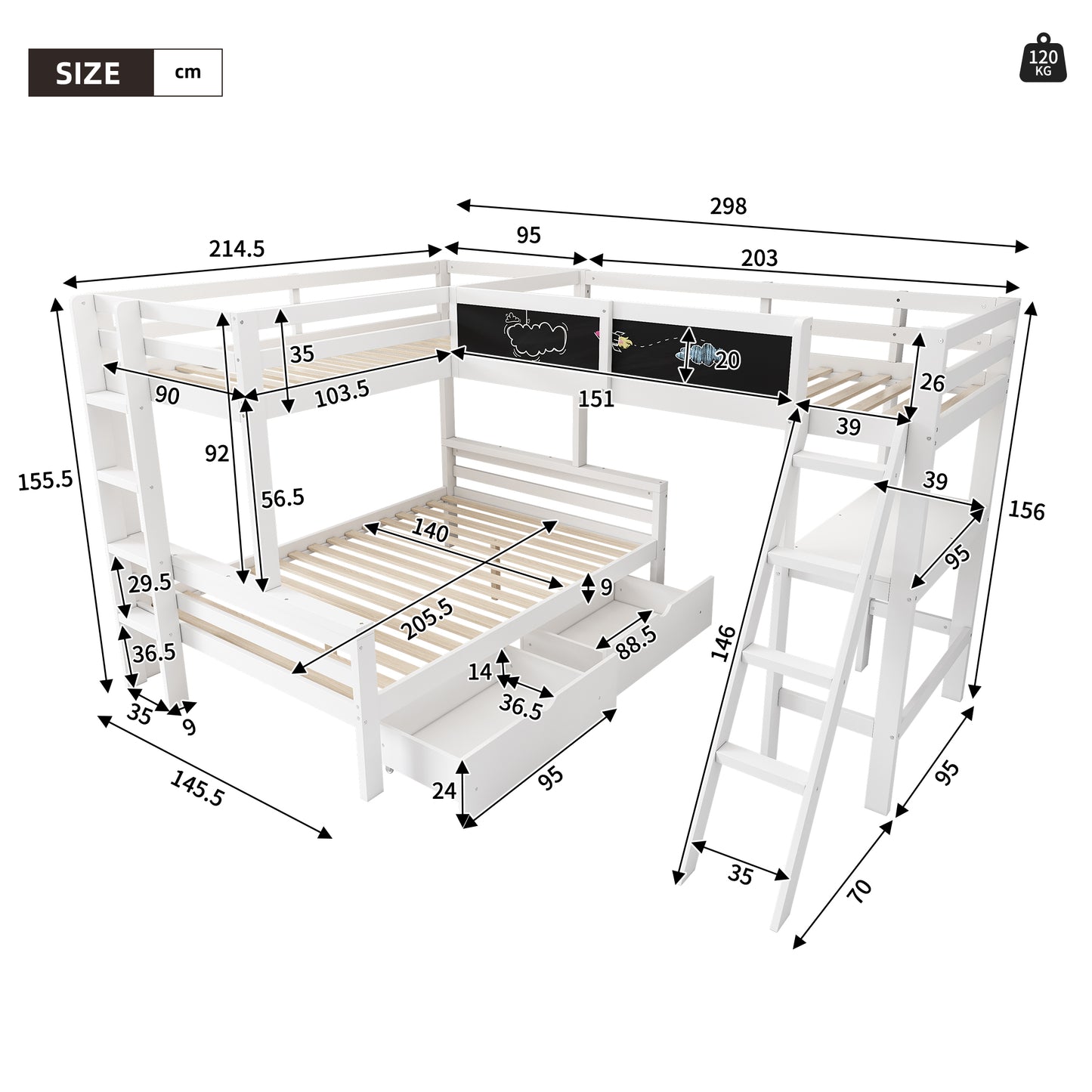 Childrens Loft Bed ,Three Children Can Sleep In The Cot, Has Storage Drawers,made Of Pine Wood, Bunk Bed, Cot With Desk And Shelf, 140x200cm,90x200cm,white