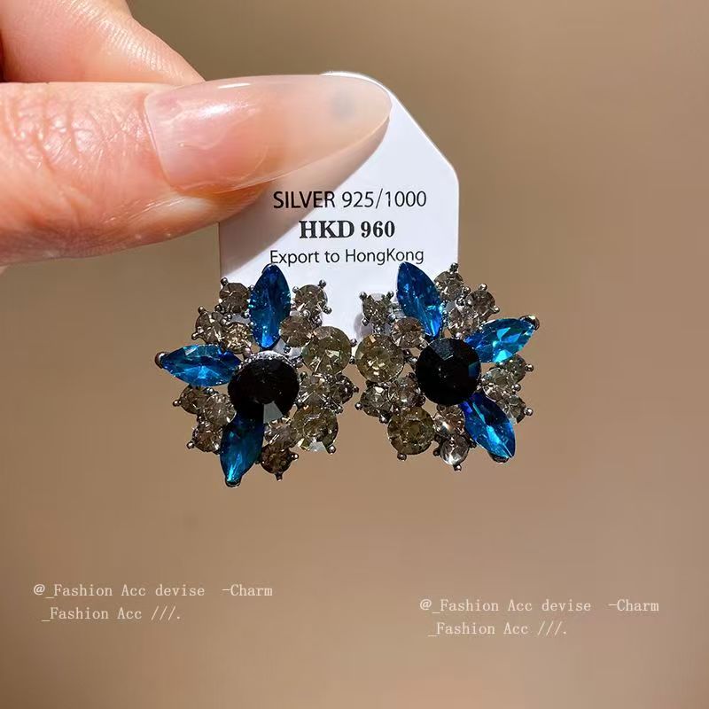 2026 New Retro High-End Grey Crystal & Blue Rhinestone Earrings, Trendy Korean Elegant Internet Celebrity Stud Ear Jewelry For Women