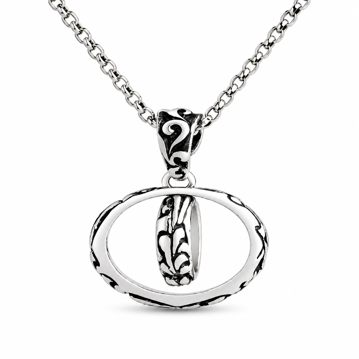 Vintage Scroll Engraved Interlocking Oval Double Ring Pendant Necklace For Men, Copper Plated Silver Antique Black Two-Tone Punk Biker Jewelry Gift