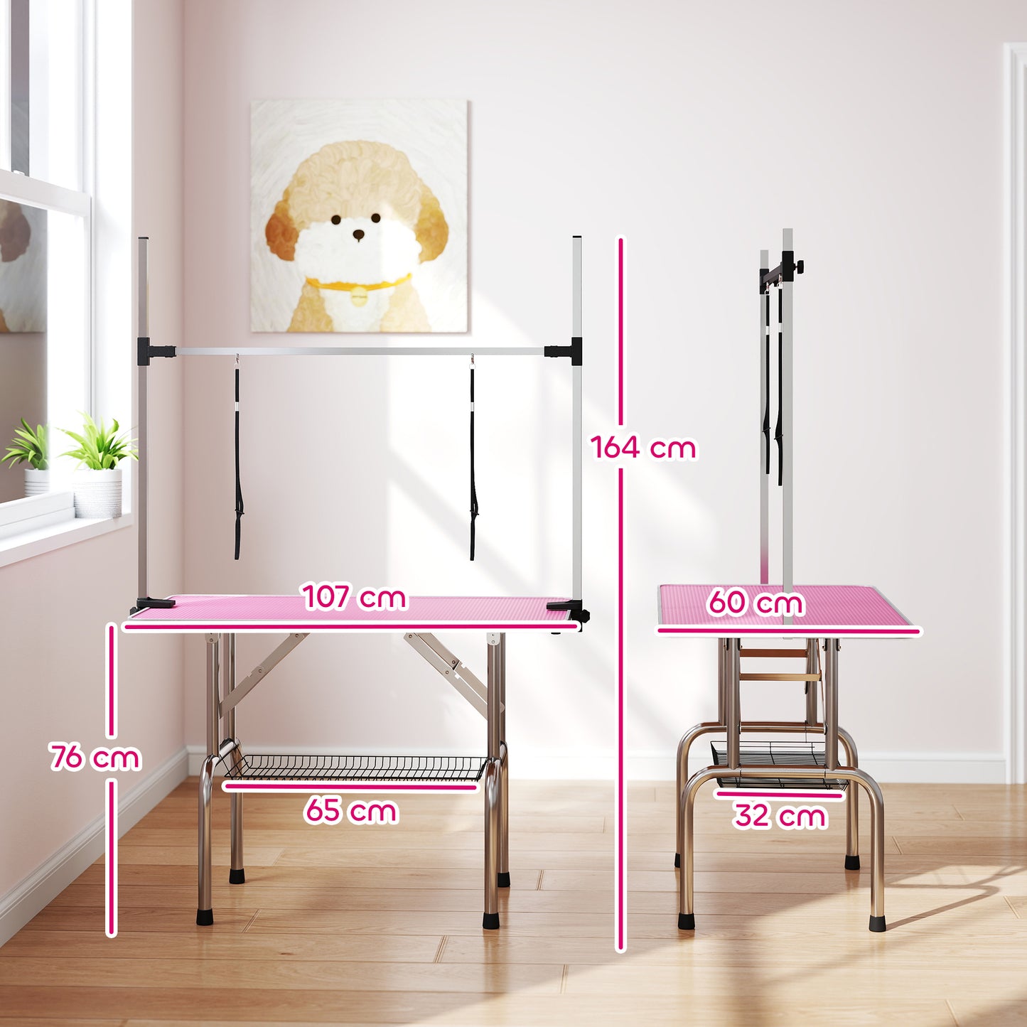 PawHut 42 Dog Grooming Table, Adjustable Pet Cat Drying Beauty Table With 2 Loops Storage Basket, Rubber Top, Pink