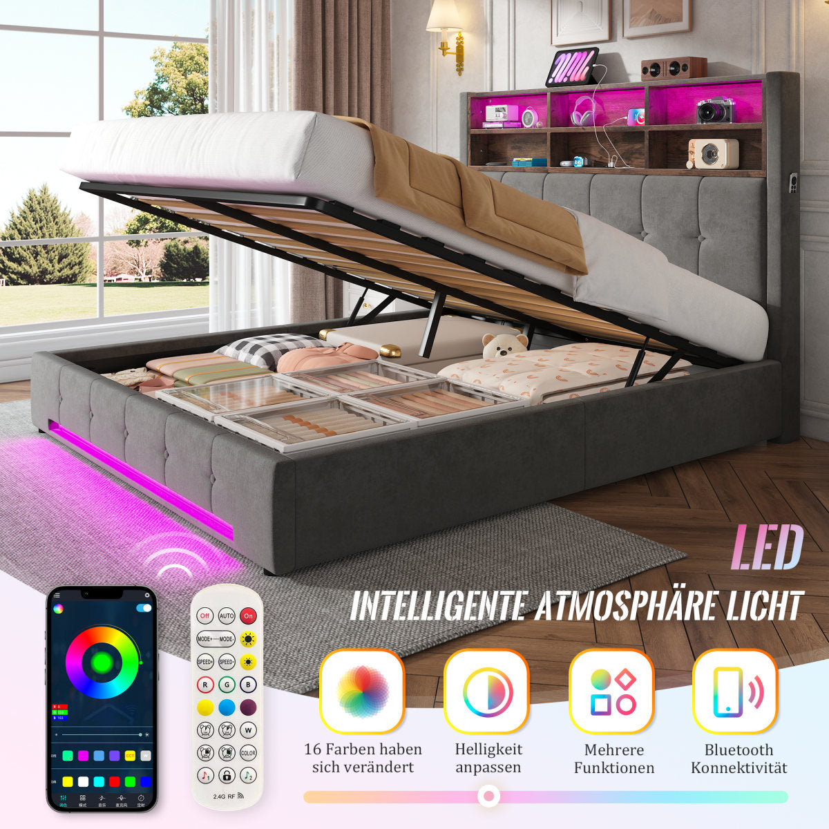 160x200 Cm Velvet Bed With Multifunctional Headboard 6 Compartments, Side Pockets, USB-C, LED, Hydraulic Function And Large, Dust-proof Storage Space Under The Bed - Practical Choice For The Bedroom.
