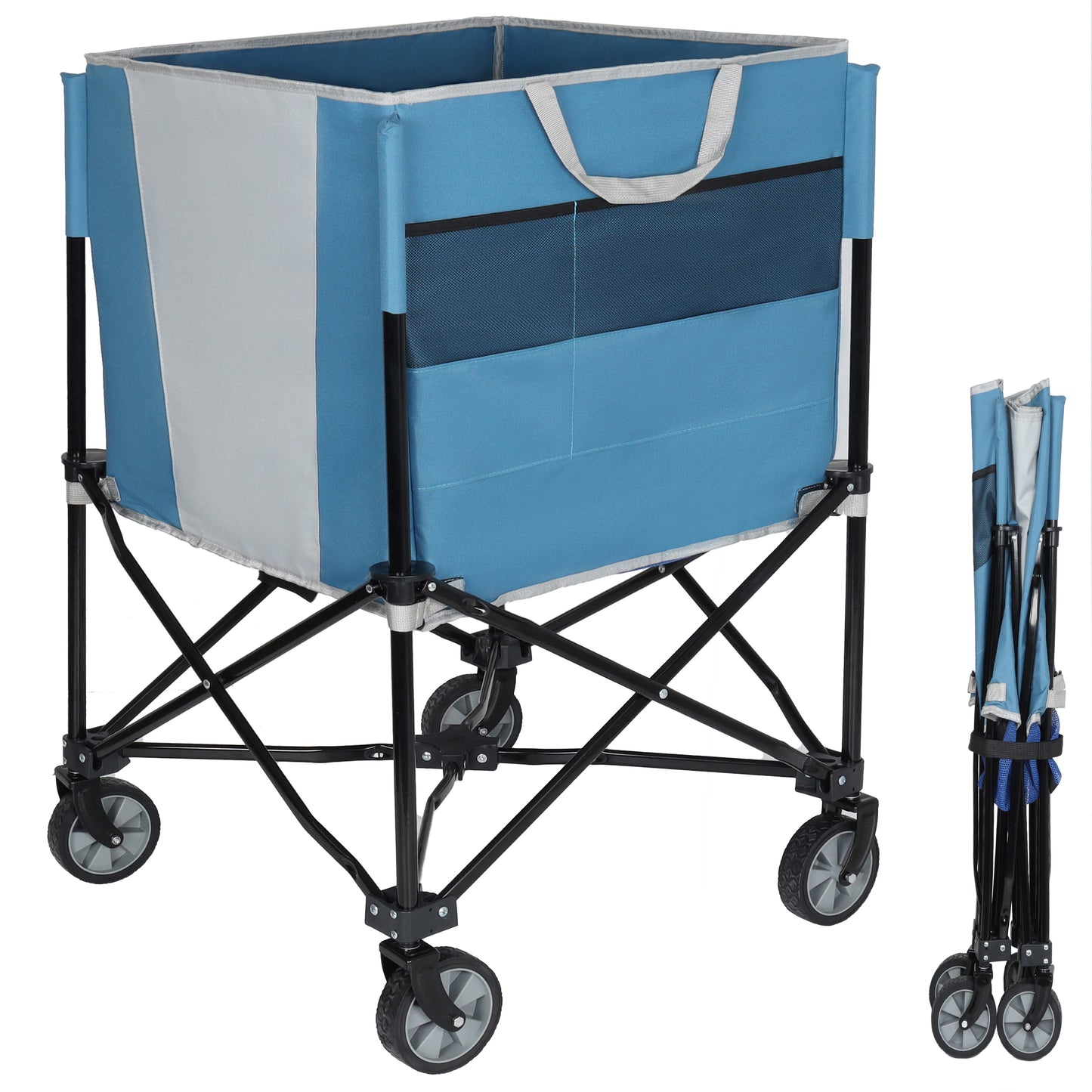 Rolling Ball Storage Cart With Wheels, Collapsible Garage Sports Equipment Organizer For Volleyball Basketball Tennis Toy Storage Multi-Sport Family Gym, Blue Gray