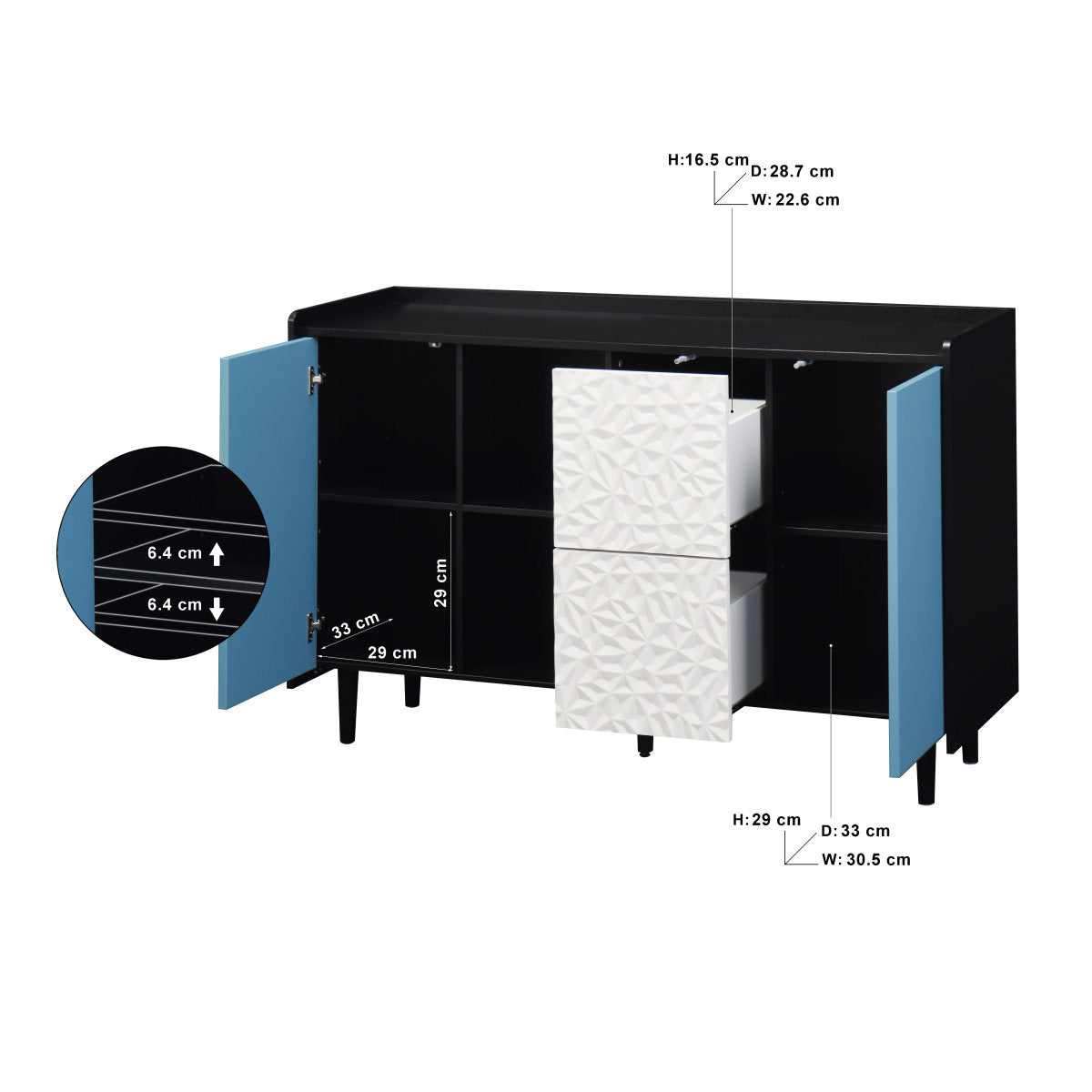 Sideboard Buffet Cabinet, Black Storage Cabinet With Blue Doors, 2 Drawers With Unique Panel Styling And 2 Open Storage Compartments, Modern Coffee Bar Cabinet, Accent Cabinet For Kitchen