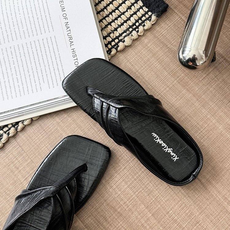 Women Platform Thong Slippers, New Stylish Square Toe Versatile Beach Flip Flops For Outdoor Wear