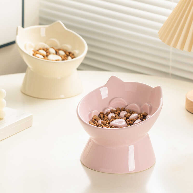 Ceramic Slow Feeding Bowl Cat And Dog Food Bowl Pet Cat Ear Relief Bowl Oblique Mouth