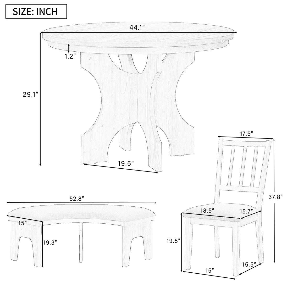 TREXM 5-piece Rustic Charm Round Dining Set With 3 Upholstered Chairs And Curved Bench For Dining Room Kitchen And Living Room Natural