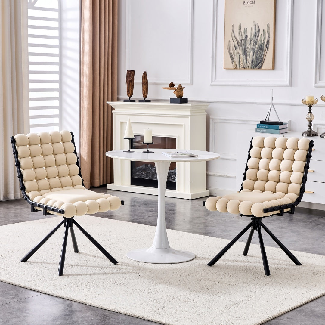 Set Of 2 Beige Puffy Bubble Chair Ball Chain Chair Velvet Dining Chairs With Black Legs, Modern Tufted Accent Chairs For Dining Room & Kitchen