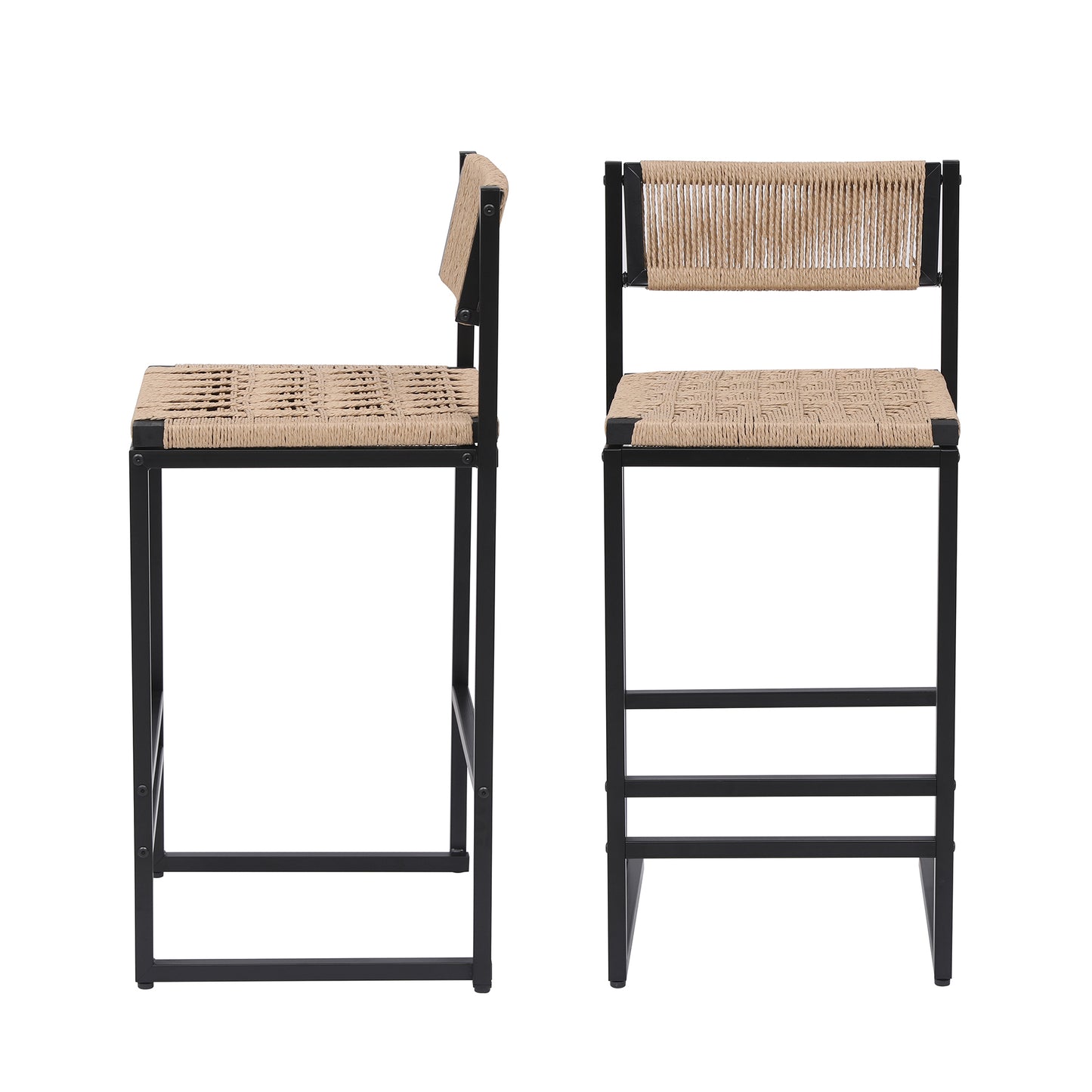 Kitchen Bar Stools With Footrest Set Of 2 Paper Rope Weave Dining Chairs Counter Height Barstool Style B Black & Honey