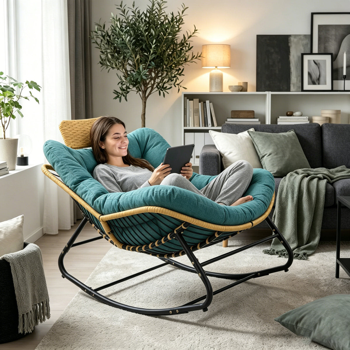 39.37"Papasan Rocking Chair Outdoor, Oversized Patio Egg Chair with Thick Cushion,Outdoor Rocking Chair With Handwoven Rattan Head Pillow,Indoor Wicker Lounge Rocker Bed for Balcony, Porch, Green