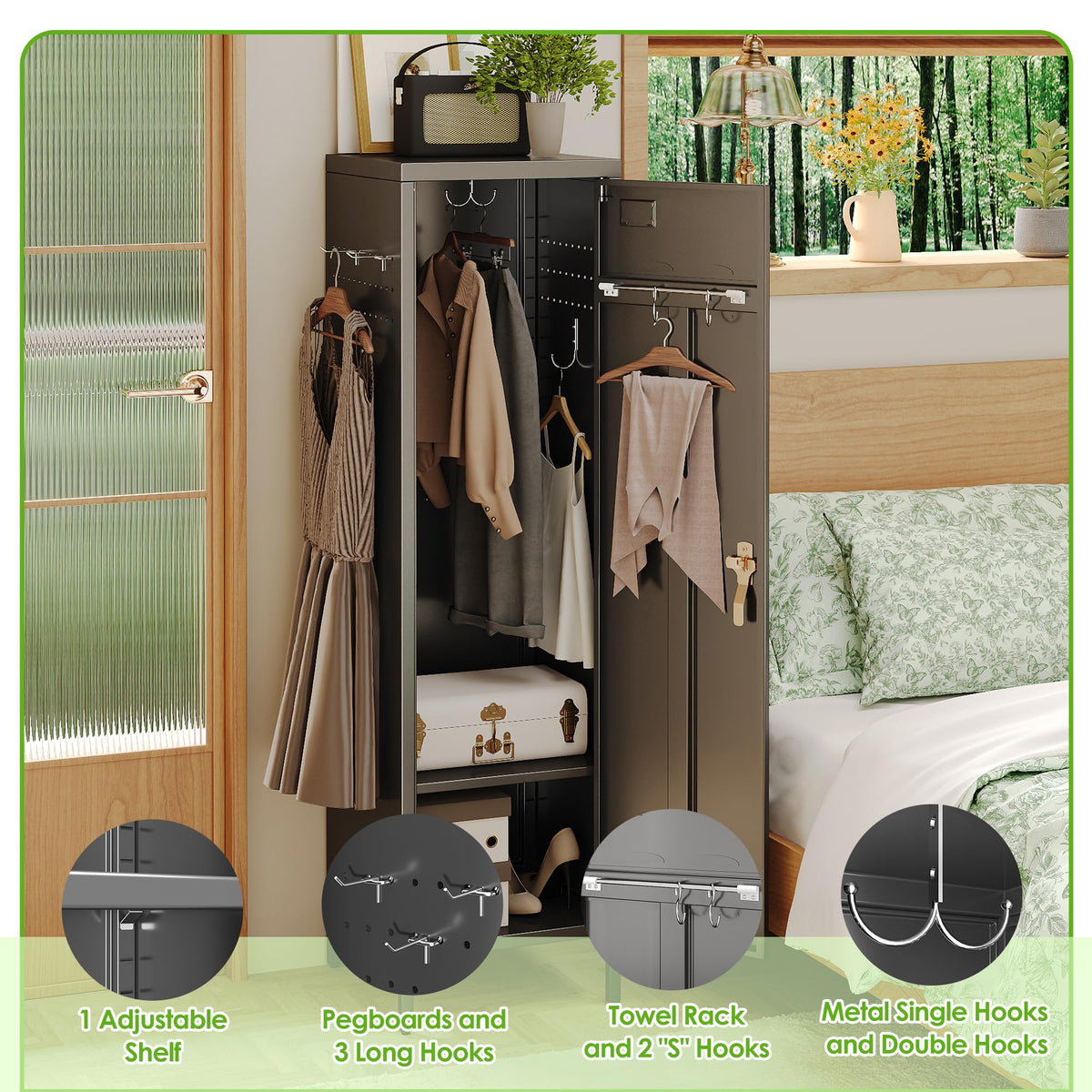 SUPEER 1 Door Metal Storage Lockers With Handle And Hanging Rod,Metal Locker For Employees With Pegboard And Hooks For Home,Office,Gym, School,Assembly Required,Black