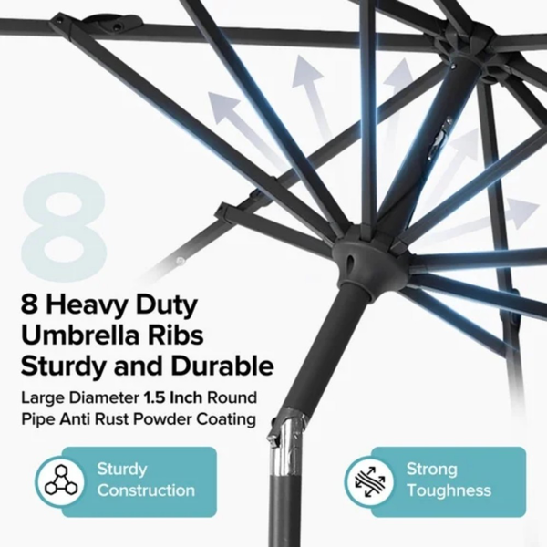 10 Ft Patio Umbrella For Table, Outdoor Sun Umbrella With 32 LED Solar Lights, Lake Blue