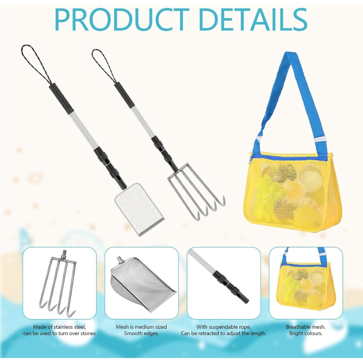 3-Piece Beach Party Accessories: Beach And Pool Party Supplies, —Metal Beach Net Shovel (Large) With Sand Bag, Shark Tooth Sieve, And Sand Shovel For Collecting Seashells On The Beach