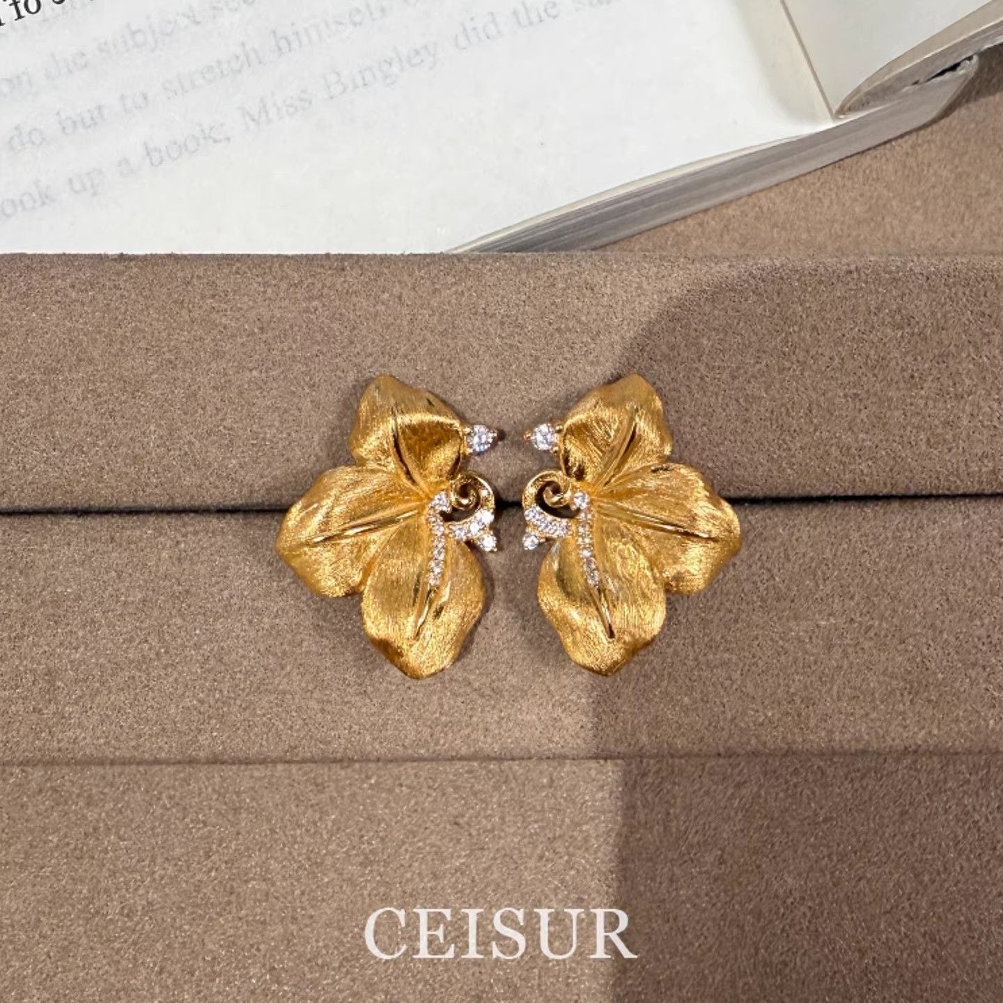 Italian Style Brushed Phalaenopsis Rhinestone Stud Earrings, Retro Heavy Craft All-Match Autumn Winter Fashion Ear Jewelry For Women
