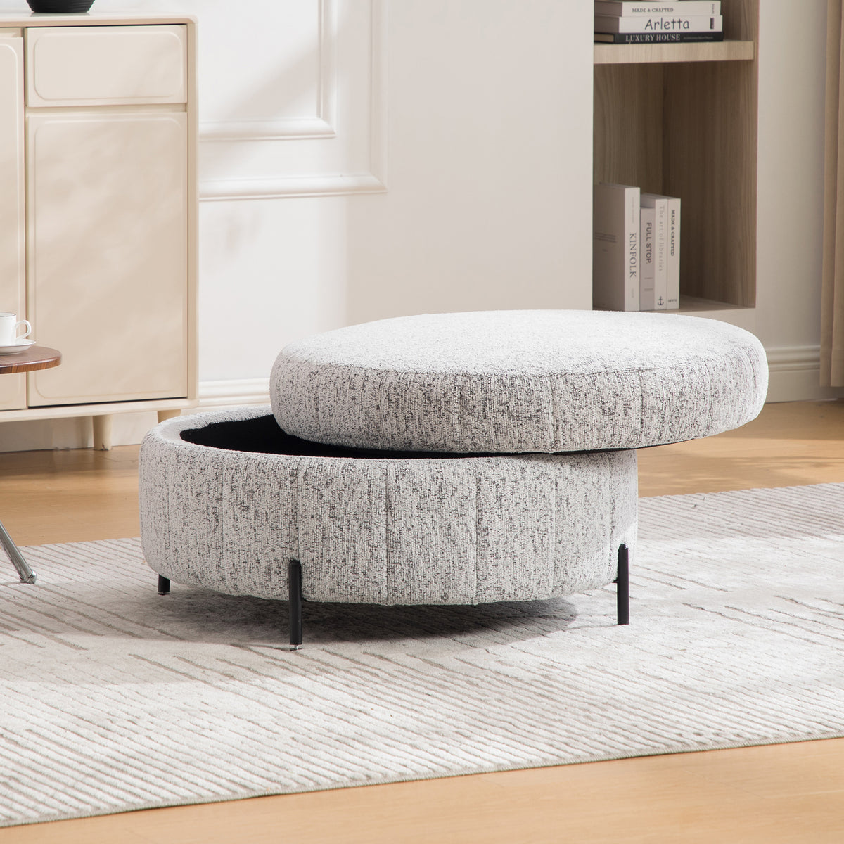 31.3 W Upholstered Round Ottoman With Reversible Lid, Chenille Storage Stool, Channel Tufted Pumpkin-shape Footstool For Living Room, Bedroom And Office, White-Black
