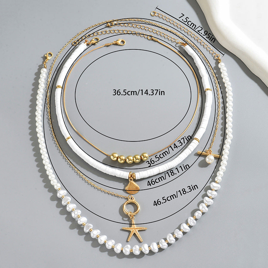 Cross-border European American Women Geometric Jewelry Set, Niche Ocean Style Long Clavicle Necklace Inlaid Shell & Faux Pearl, Versatile Daily Neck Accessories For Ladies
