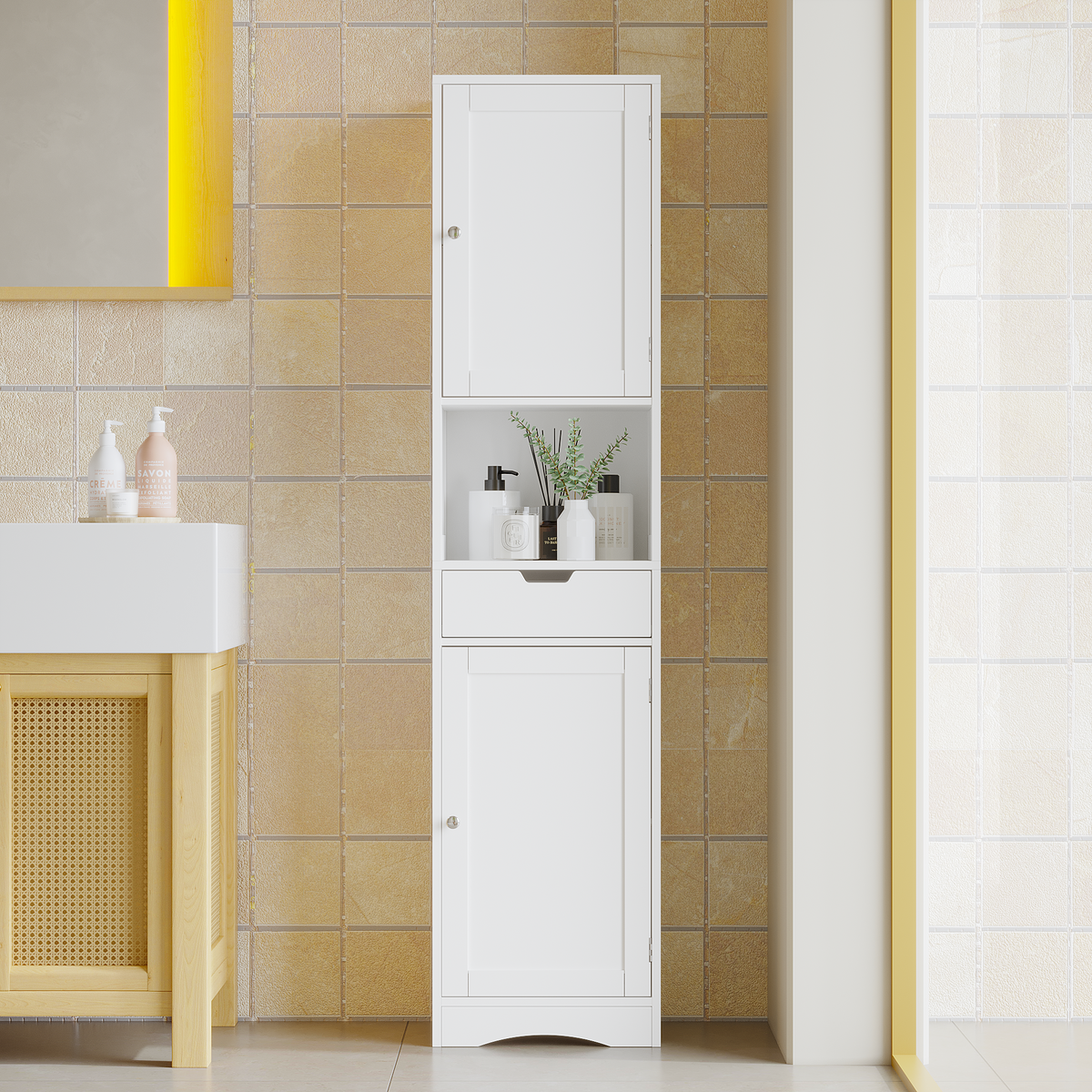 67 Tall Bathroom Cabinet, Storage Cabinet With 2 Doors & 1 Drawer, Narrow Bathroom Storage Cabinets With Adjustable Shelves, Bathroom Floor Organizer For Living Room, Entryway, Home Office, White