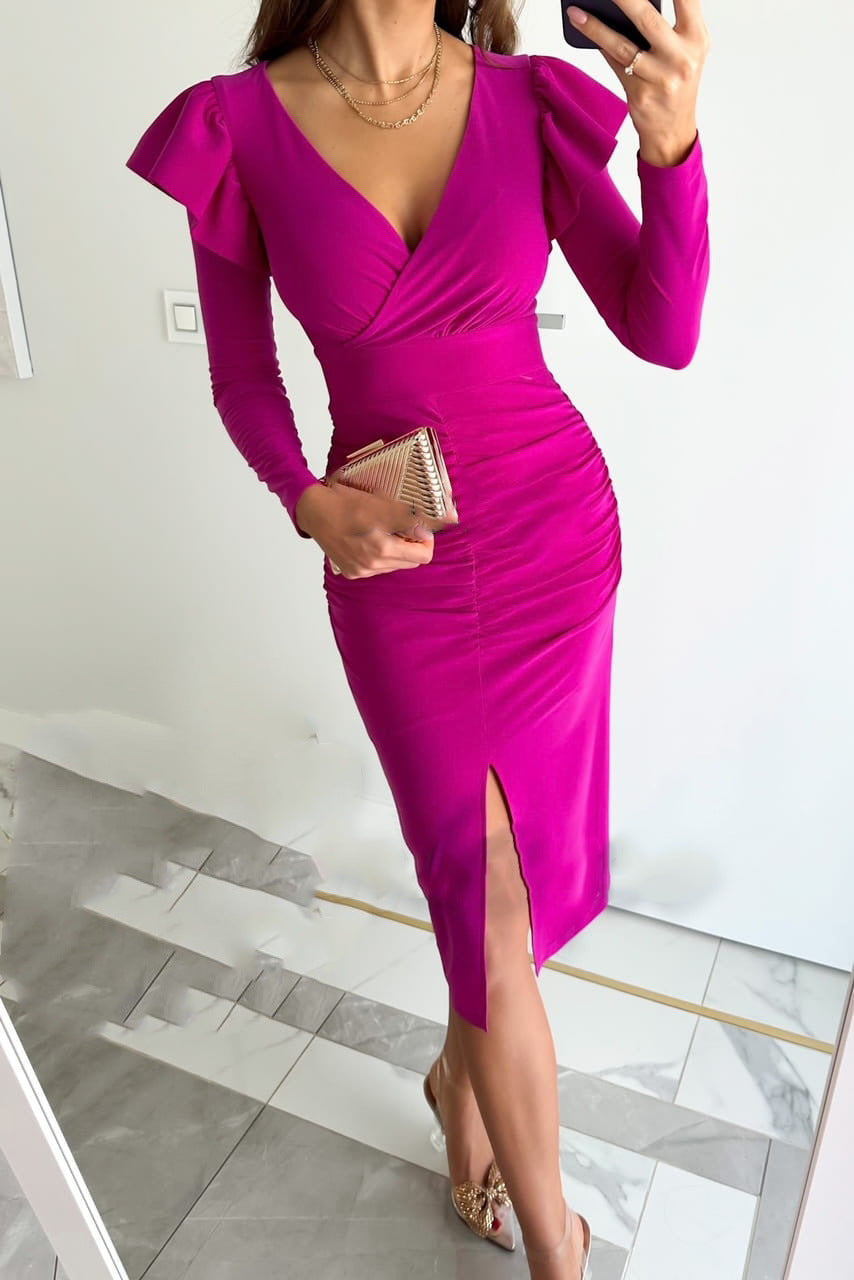Womens Fashion V-Neck Defined Waistline Slit Long-Sleeve Dress