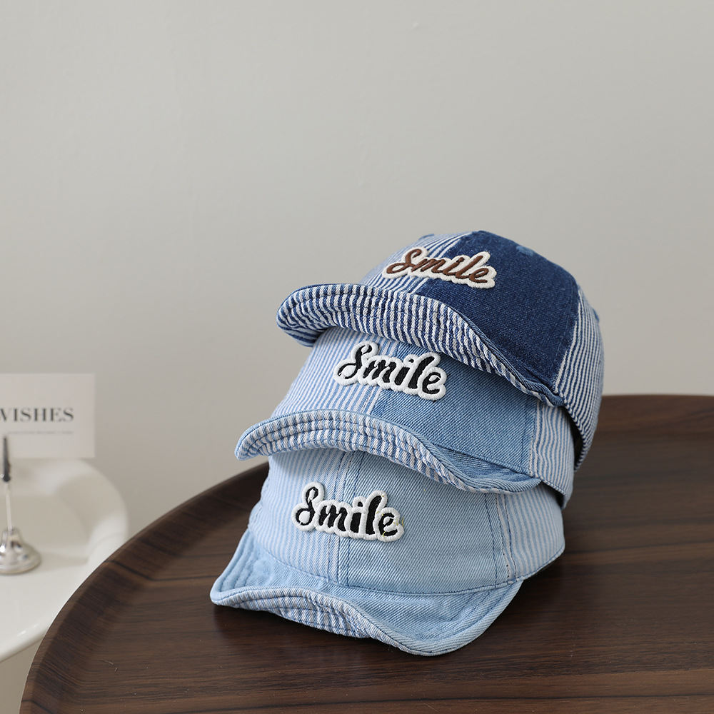 Patchwork Stripes Washed Denim Baby Beanie With Letter Patch Soft Brim Baseball Cap For Outdoor Versatile Casual Wear