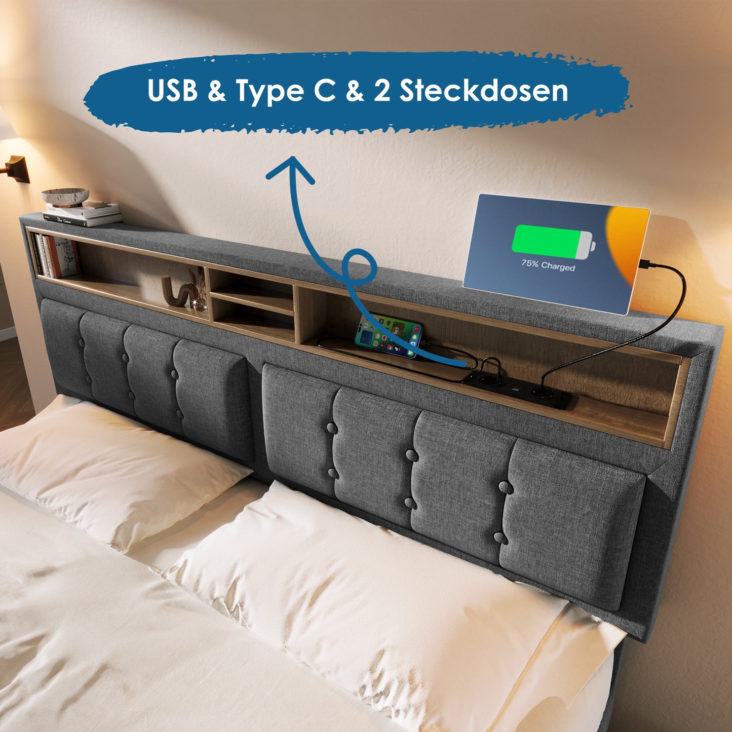 Upholstered Bed Double Bed With USB C Socket Charging Function Headboard, Storage Beds Bed Frame Made Of Linen Material Youth Bed 140x200 With Slatted Base Without Mattress