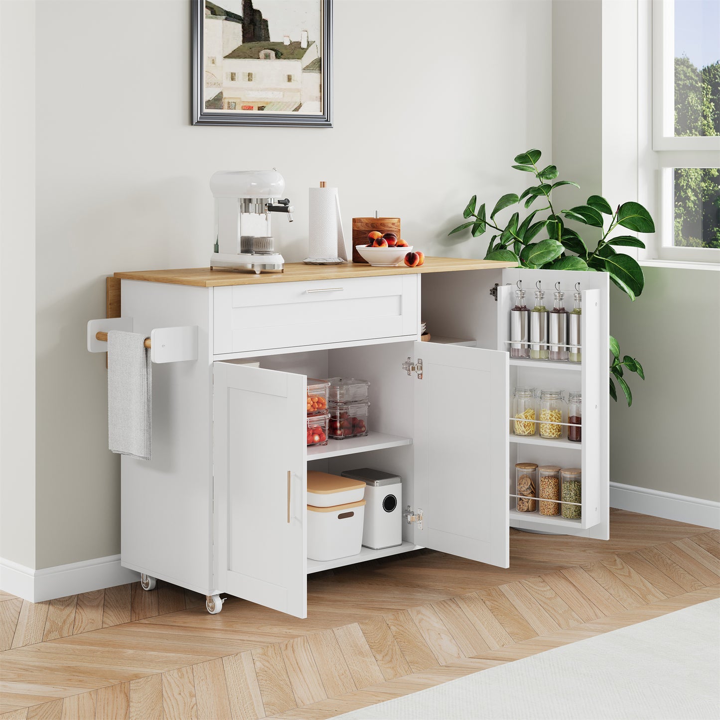N635P21858284D 132.5X44X90cm Large Mobile Kitchen Table, Foldable Countertop, Oak Grain, Multifunctional Cabinet, Spice Rack, Towel Rack, 5 Wheels, Suitable For Kitchen Dining Home