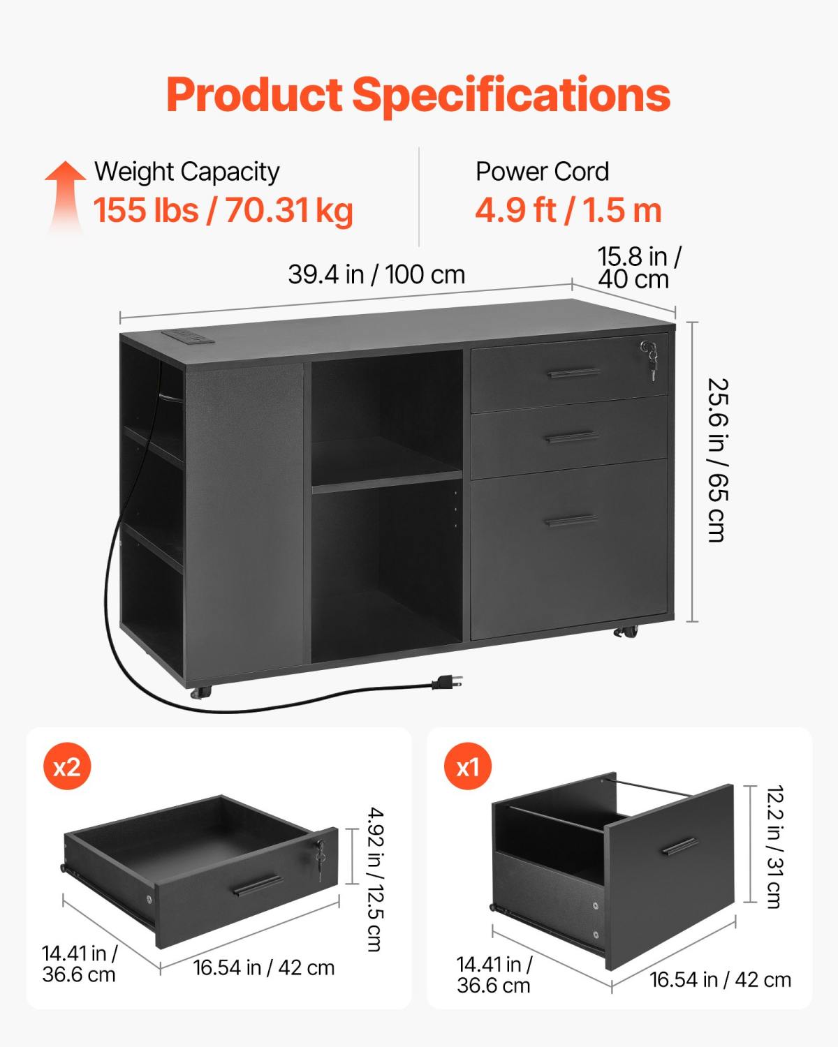 3 Drawer Wooden File Cabinet Mobile Filing Cabinet With Power Strip Black