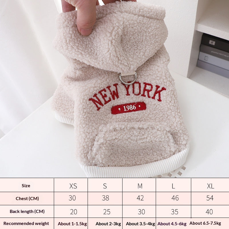Retro New York Style Embroidered Hoodie With Leash Attachment For Small Dogs