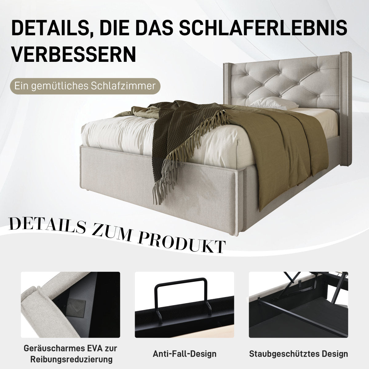 Hydraulic Single Bed Upholstered Bed 90x200cm,Bed With Metal Frame Slatted Frame, Modern Bed Frame With Storage Space, Cotton, Light Grey
