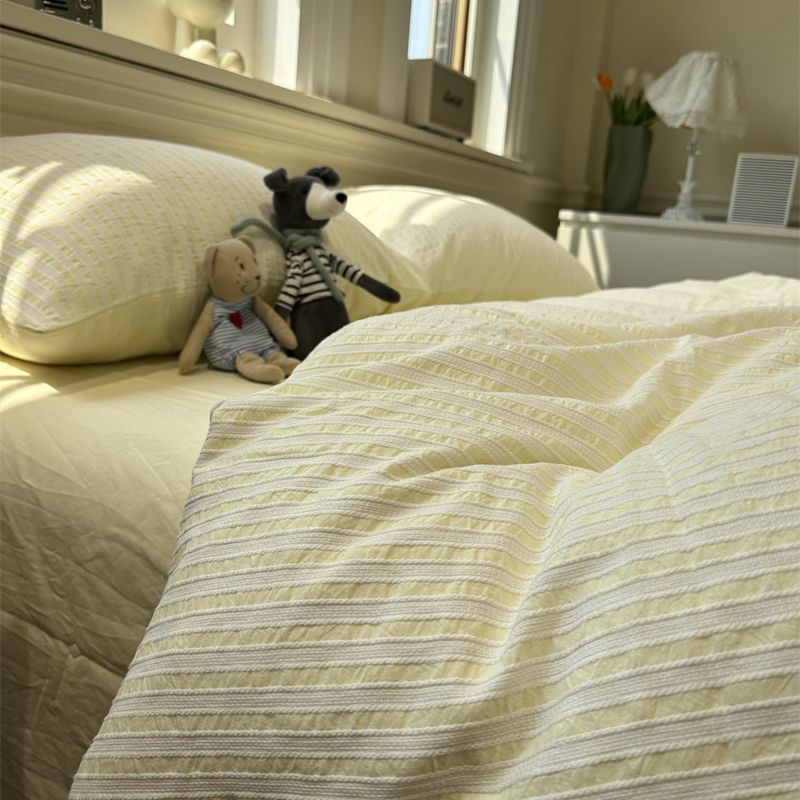 Korean-style Striped Puffy Duvet Cover 4-piece Bedding Set