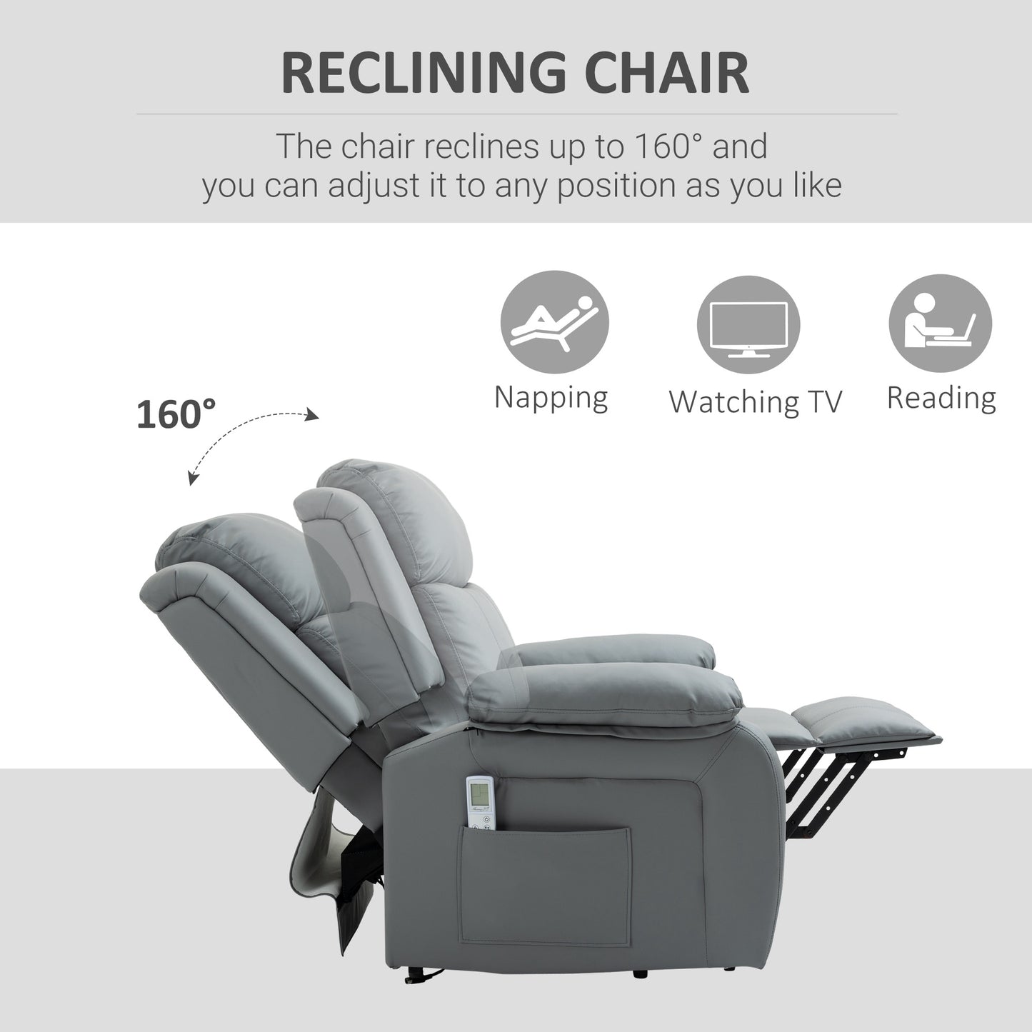 Riser And Recliner Chair With Massage, Power Lift Recliner Chair For Elderly With Remote Control, Extended Footrest, Dual Side Pockets, Overstuffed Electric Reclining Armchair, Grey
