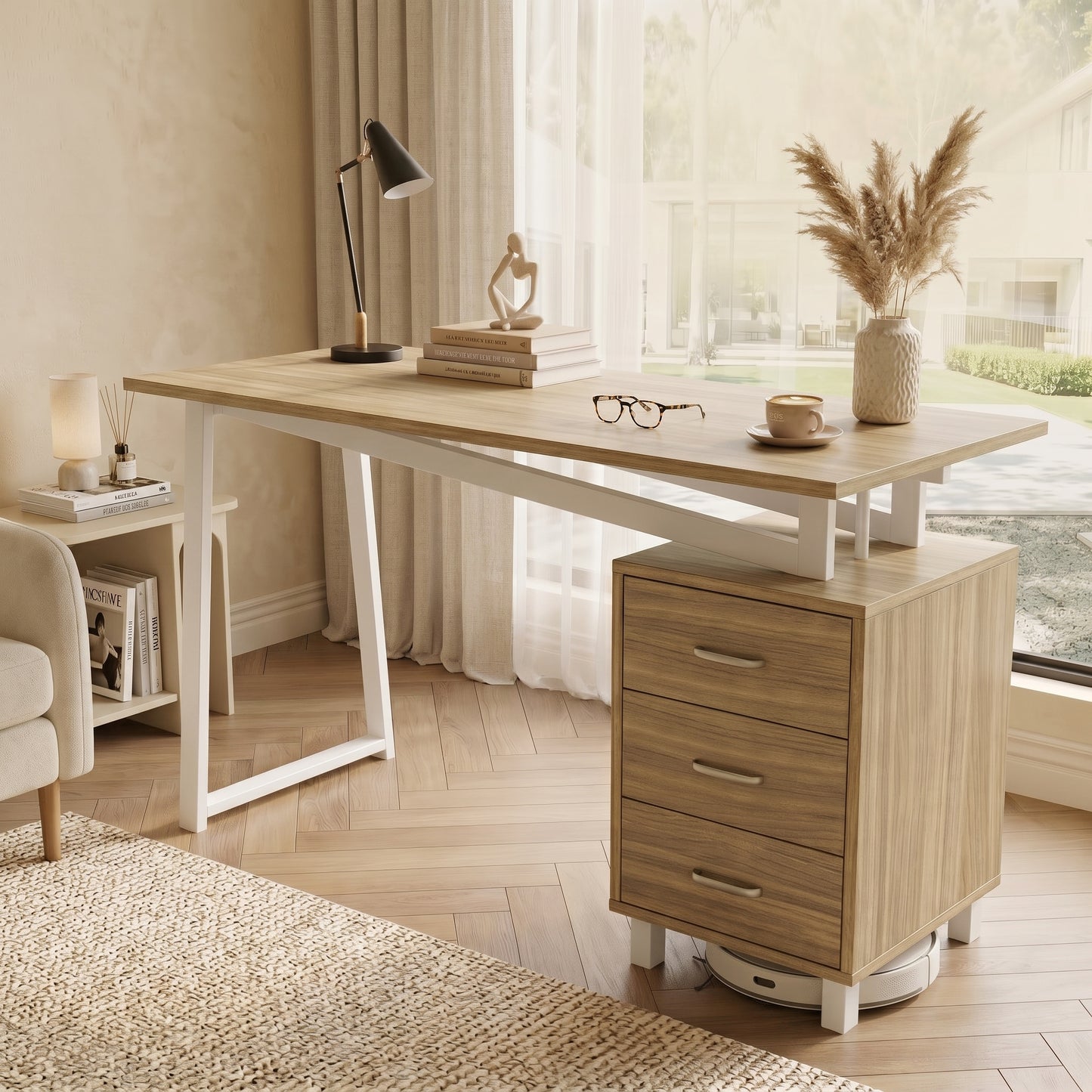 Spacious Desk With Storage Space, High-density MDF Material, Three-layer Drawer Slides, Triangular Struts, Easy To Assemble And Clean, Natural Wood White.