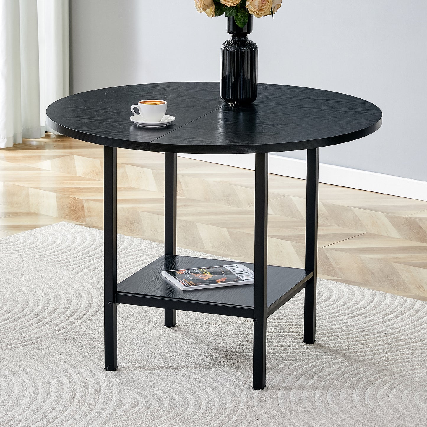 Modern Round Dining Table With Storage Shelf, Black Wood Grain And Black Metal Frame, Suitable For 4-6 People Dining Set, Ideal For Kitchen, Dining Room And Small Rooms