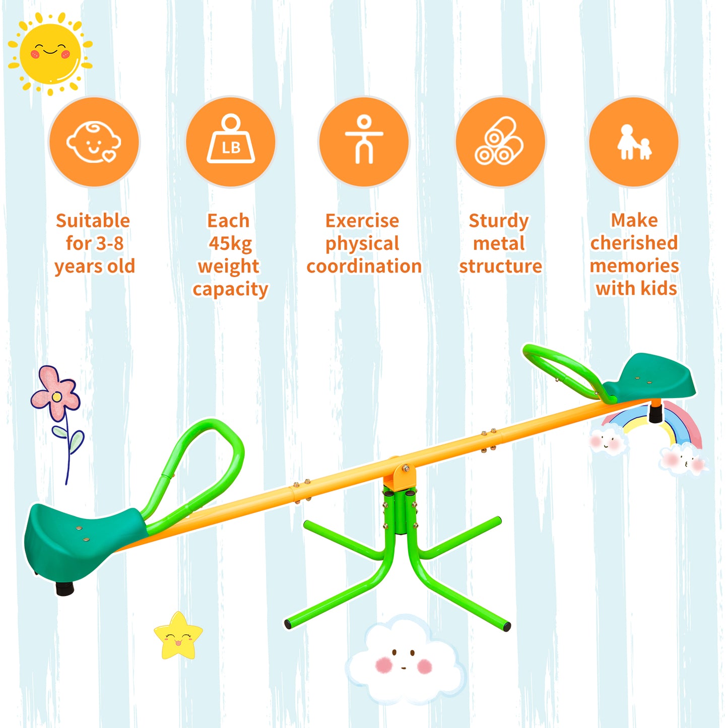 180.34cm Seesaw, Children's Double Seesaw, Outdoor Garden School Play Equipment, Anti-slip, Yellow And Green Two-tone Colour Scheme